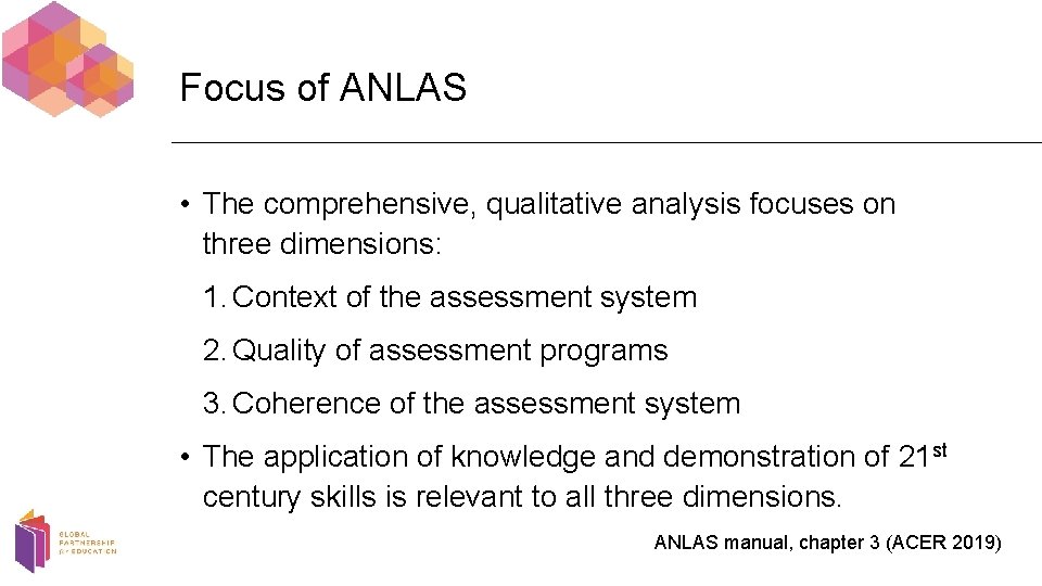 Focus of ANLAS • The comprehensive, qualitative analysis focuses on three dimensions: 1. Context