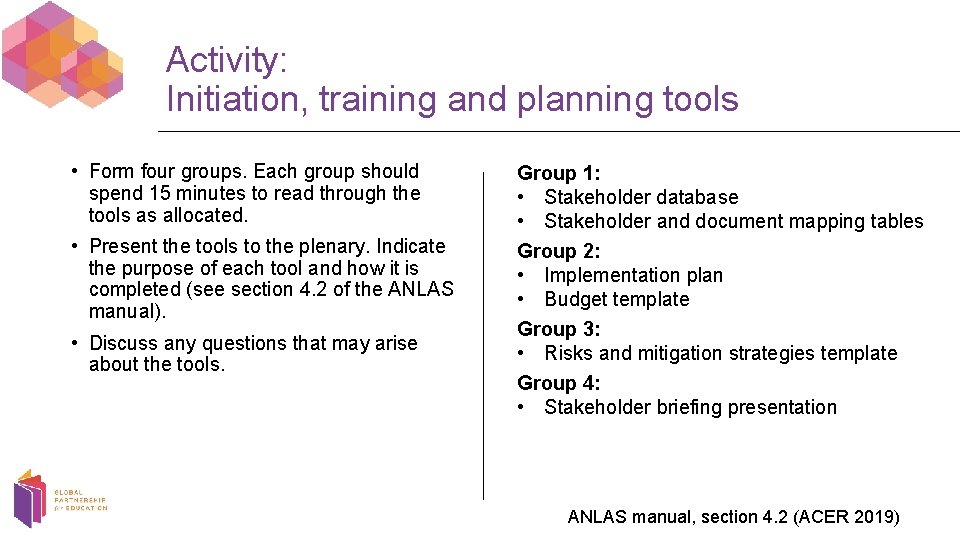 Activity: Initiation, training and planning tools • Form four groups. Each group should spend