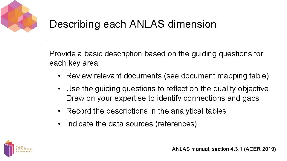 Describing each ANLAS dimension Provide a basic description based on the guiding questions for