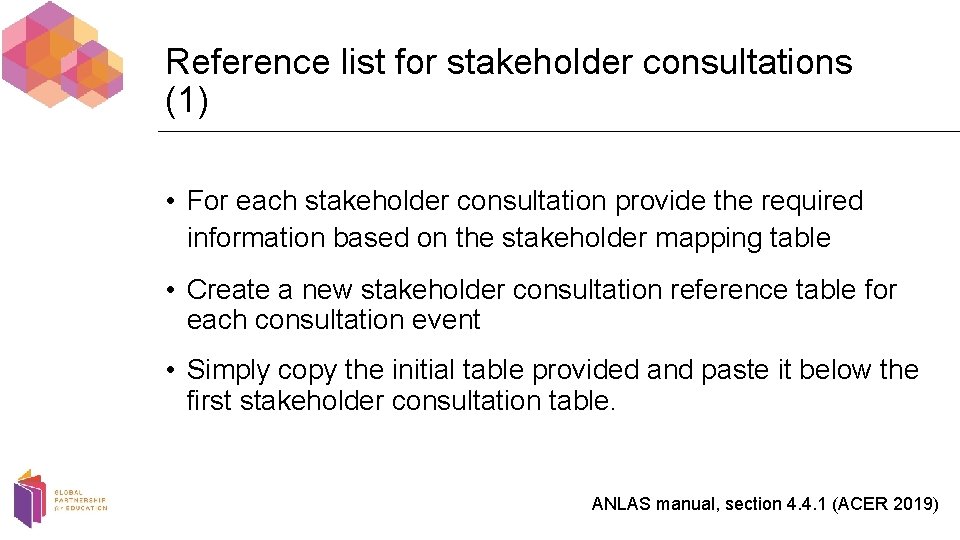 Reference list for stakeholder consultations (1) • For each stakeholder consultation provide the required