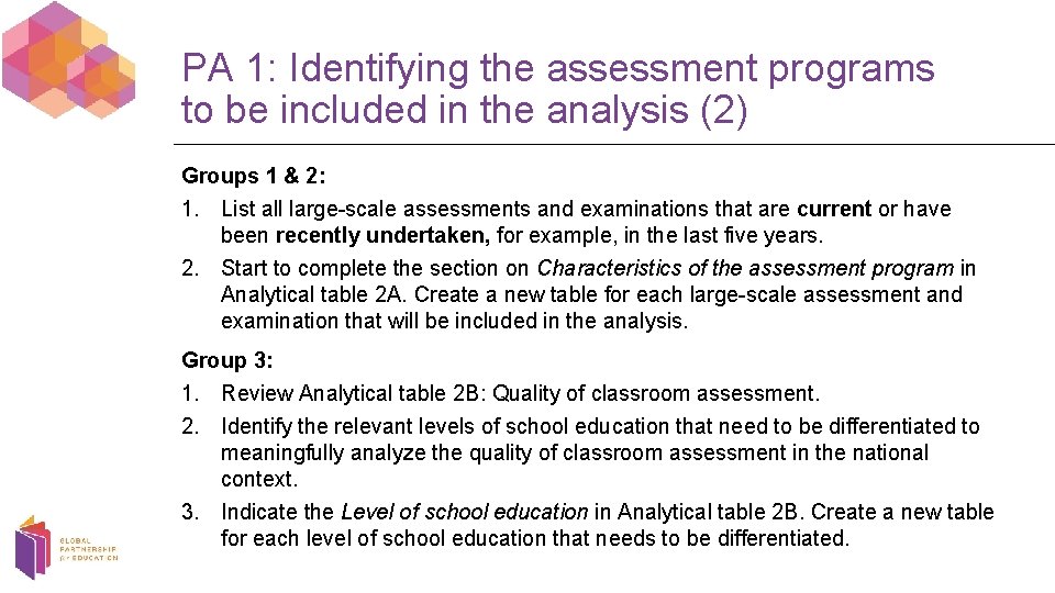 PA 1: Identifying the assessment programs to be included in the analysis (2) Groups