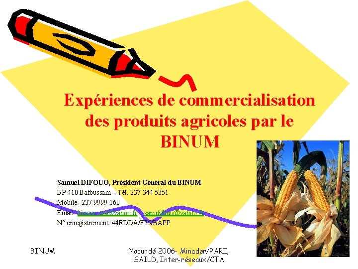Expériences de commercialisation des produits agricoles par le BINUM Samuel DIFOUO, Président Général du
