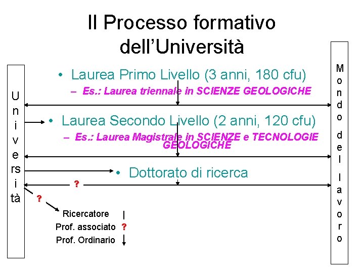 Il Processo formativo dell’Università • Laurea Primo Livello (3 anni, 180 cfu) U n