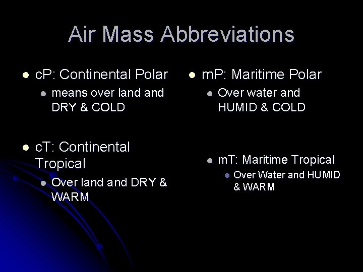 Air Mass Abbreviations l c. P: Continental Polar l l means over land DRY