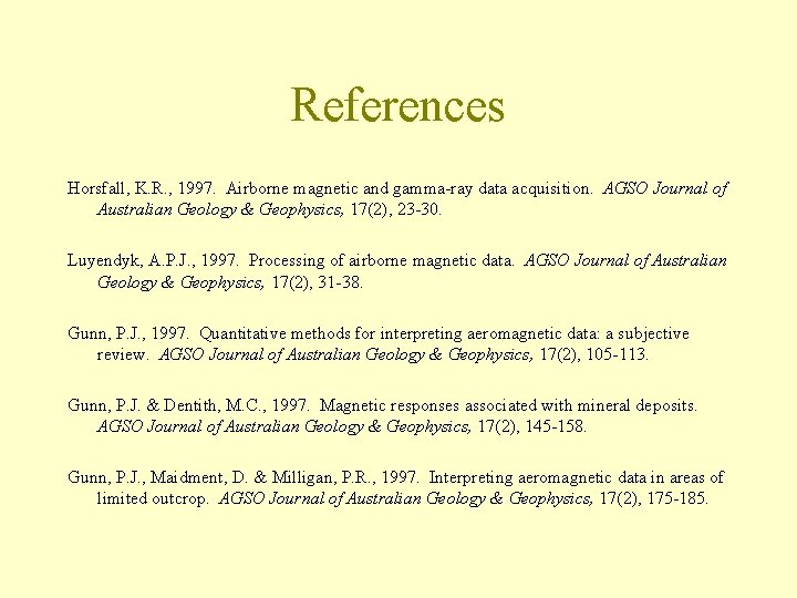 References Horsfall, K. R. , 1997. Airborne magnetic and gamma-ray data acquisition. AGSO Journal