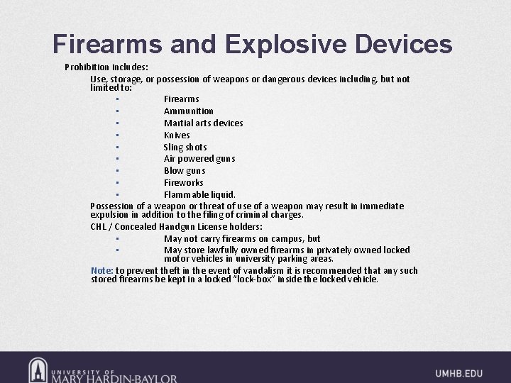 Firearms and Explosive Devices Prohibition includes: Use, storage, or possession of weapons or dangerous