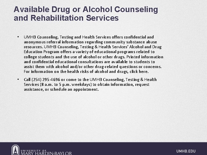 Available Drug or Alcohol Counseling and Rehabilitation Services • UMHB Counseling, Testing and Health