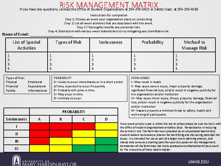 RISK MANAGEMENT MATRIX If you have any questions, contact the Office of Student Organizations