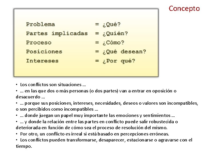 Concepto • Los conflictos son situaciones … • … en las que dos o