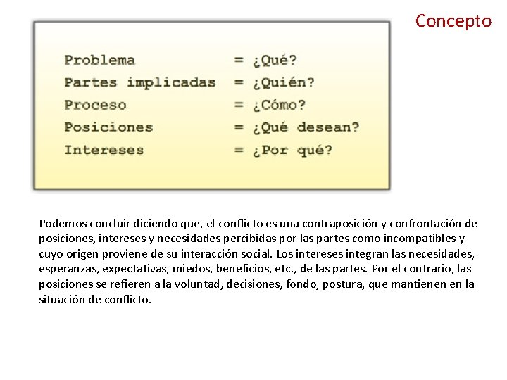 Concepto Podemos concluir diciendo que, el conflicto es una contraposición y confrontación de posiciones,