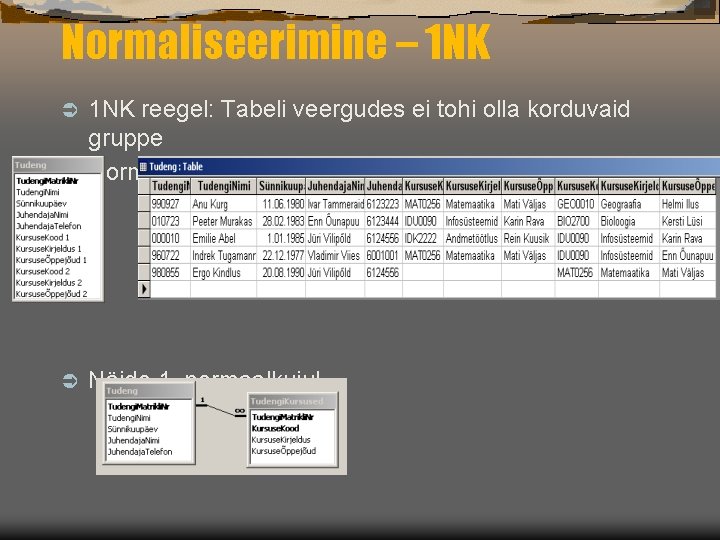 Normaliseerimine – 1 NK reegel: Tabeli veergudes ei tohi olla korduvaid gruppe Ü Normaliseerimata