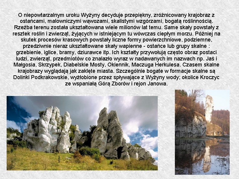 O niepowtarzalnym uroku Wyżyny decyduje przepiękny, zróżnicowany krajobraz z ostańcami, malowniczymi wąwozami, skalistymi wzgórzami,