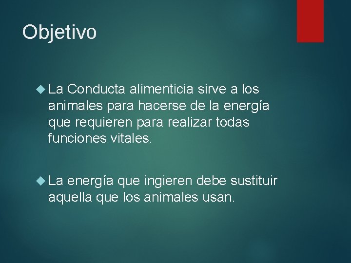 Objetivo La Conducta alimenticia sirve a los animales para hacerse de la energía que Objetivo La Conducta alimenticia sirve a los animales para hacerse de la energía que