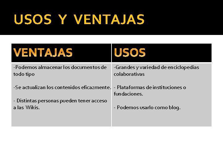 USOS Y VENTAJAS -Podemos almacenar los documentos de todo tipo -Grandes y variedad de