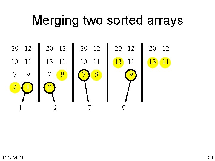 Merging two sorted arrays 20 12 20 12 13 11 13 11 7 9