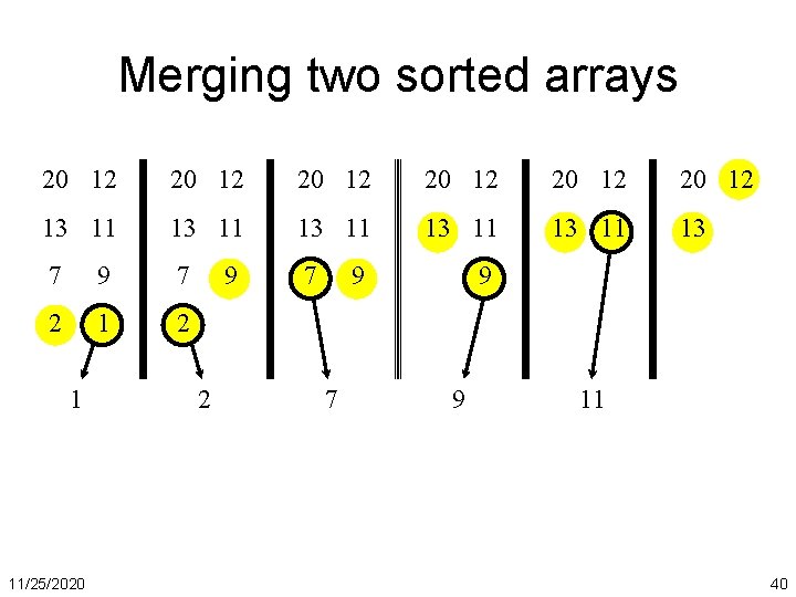 Merging two sorted arrays 20 12 20 12 13 11 13 11 13 7