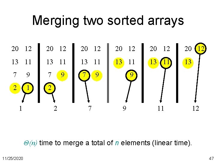 Merging two sorted arrays 20 12 20 12 13 11 13 11 13 7