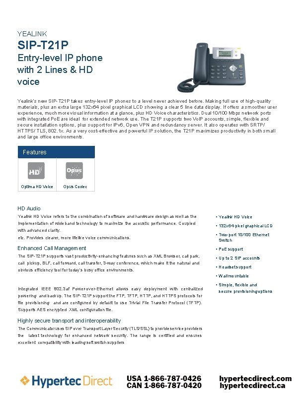 YEALINK SIP-T 21 P Entry-level IP phone with 2 Lines & HD voice Yealink’s