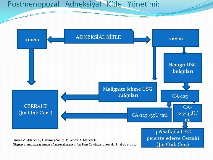 Postmenopozal Adneksiyal Kitle Yönetimi: >10 cm ADNEKSİAL KİTLE <10 cm Benign USG bulguları Malignite