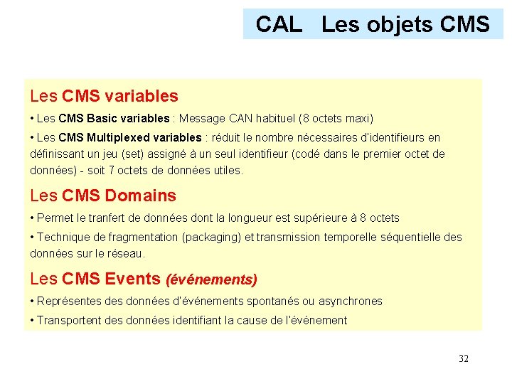 CAL Les objets CMS Les CMS variables • Les CMS Basic variables : Message