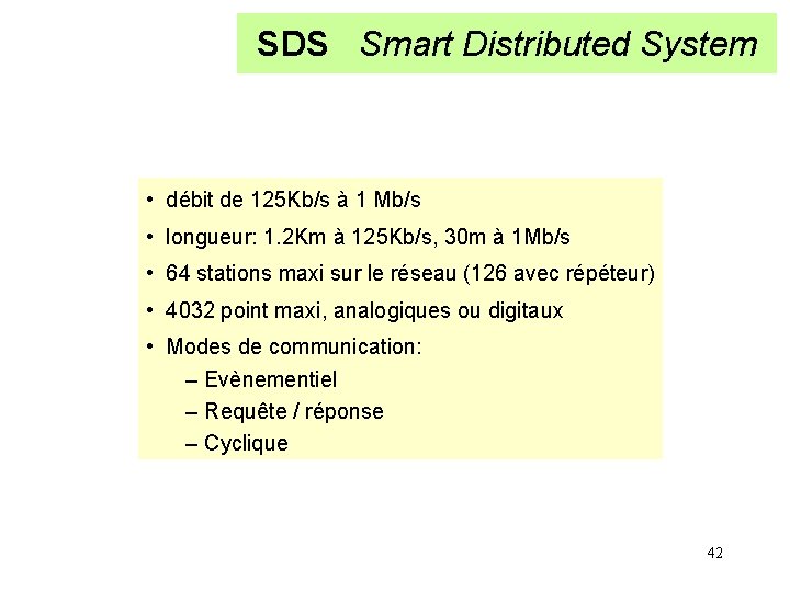 SDS Smart Distributed System • débit de 125 Kb/s à 1 Mb/s • longueur: