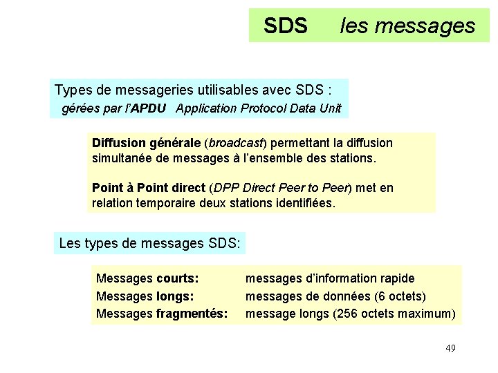 SDS les messages Types de messageries utilisables avec SDS : gérées par l’APDU Application