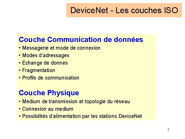 Device. Net - Les couches ISO Couche Communication de données • Messagerie et mode
