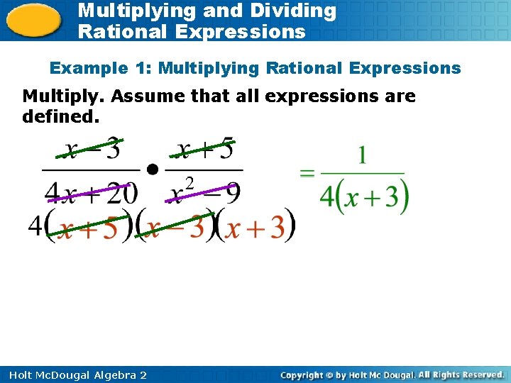 Multiplying and Dividing Rational Expressions Example 1: Multiplying Rational Expressions Multiply. Assume that all