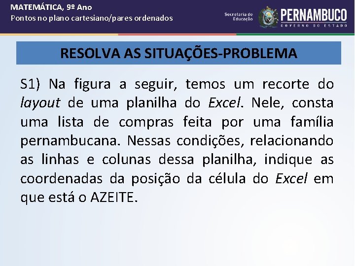 MATEMÁTICA, 9º Ano Pontos no plano cartesiano/pares ordenados RESOLVA AS SITUAÇÕES-PROBLEMA S 1) Na