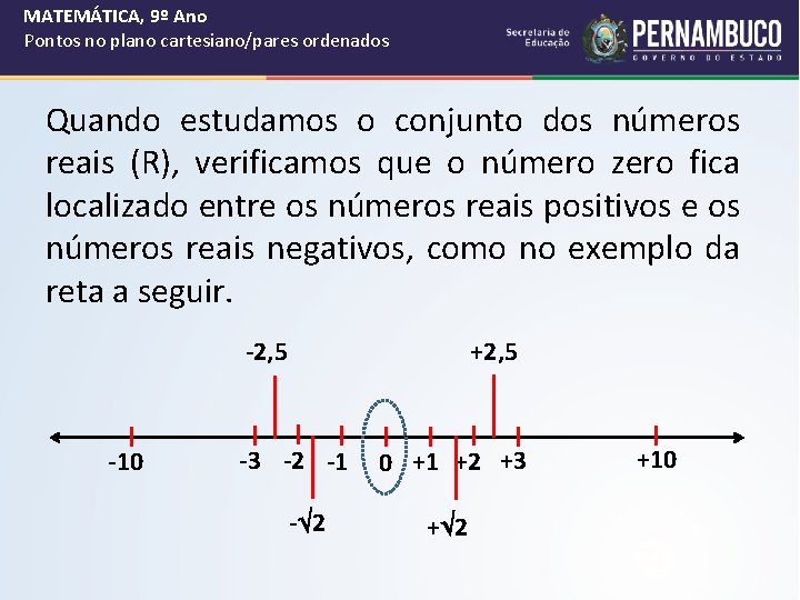 MATEMÁTICA, 9º Ano Pontos no plano cartesiano/pares ordenados Quando estudamos o conjunto dos números