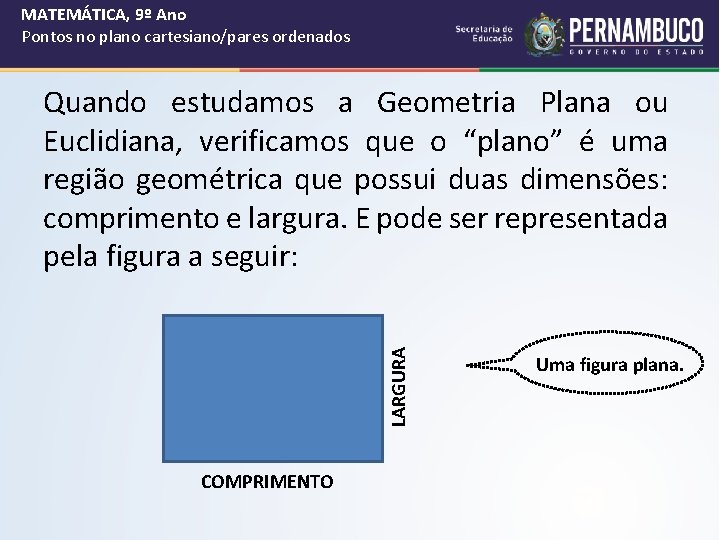 MATEMÁTICA, 9º Ano Pontos no plano cartesiano/pares ordenados LARGURA Quando estudamos a Geometria Plana