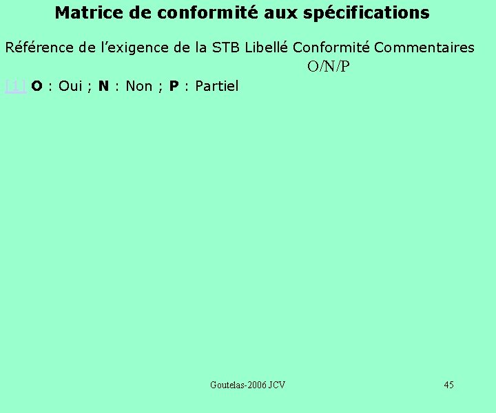 Matrice de conformité aux spécifications Référence de l’exigence de la STB Libellé Conformité Commentaires