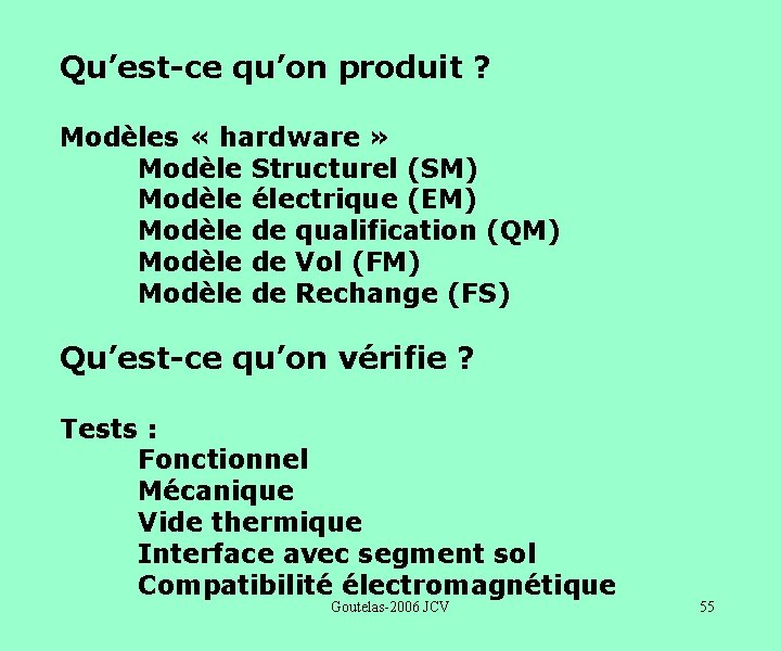 Qu’est-ce qu’on produit ? Modèles « hardware » Modèle Structurel (SM) Modèle électrique (EM)