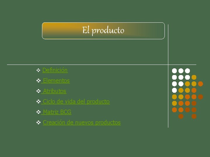 El producto v Definición v Elementos v Atributos v Ciclo de vida del producto