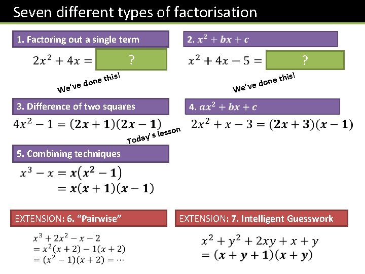 Seven different types of factorisation 1. Factoring out a single term ? ? is!