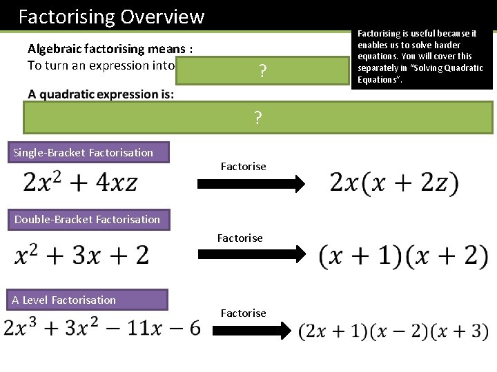 Factorising Overview Algebraic factorising means : To turn an expression into a product of