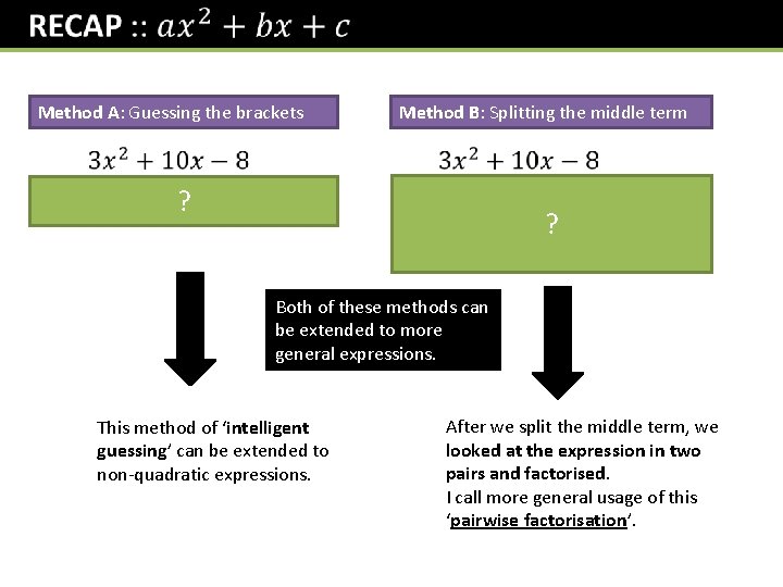  Method A: Guessing the brackets Method B: Splitting the middle term ? ?