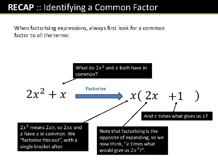 RECAP : : Identifying a Common Factor When factorising expressions, always first look for