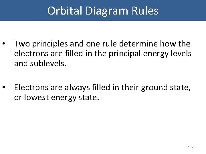 Orbital Diagram Rules • Two principles and one rule determine how the electrons are