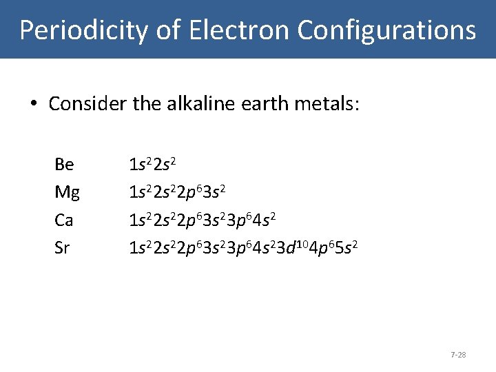 Periodicity of Electron Configurations • Consider the alkaline earth metals: Be Mg Ca Sr