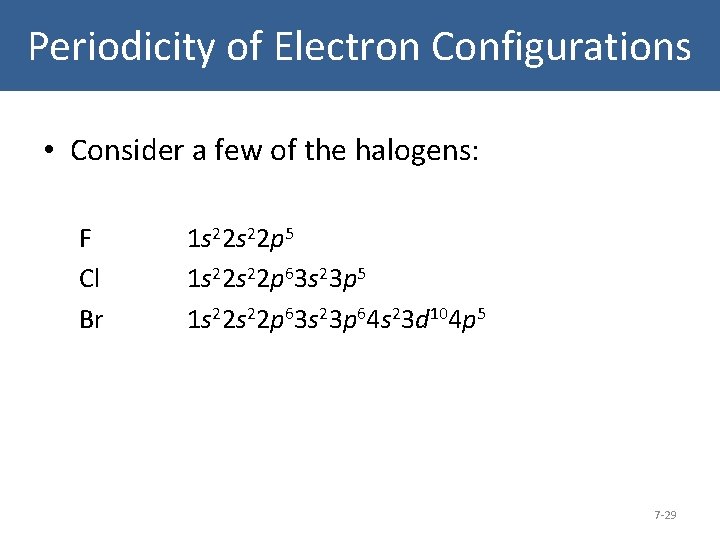 Periodicity of Electron Configurations • Consider a few of the halogens: F Cl Br