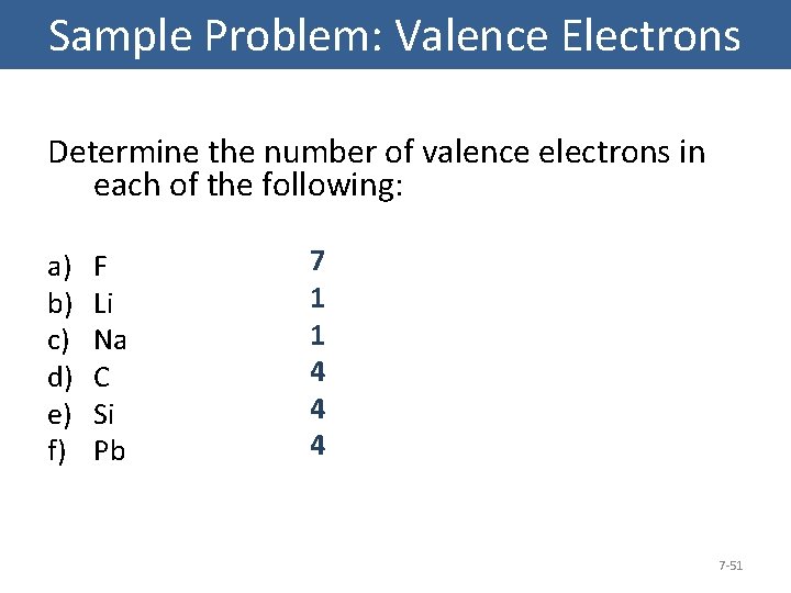 Sample Problem: Valence Electrons Determine the number of valence electrons in each of the