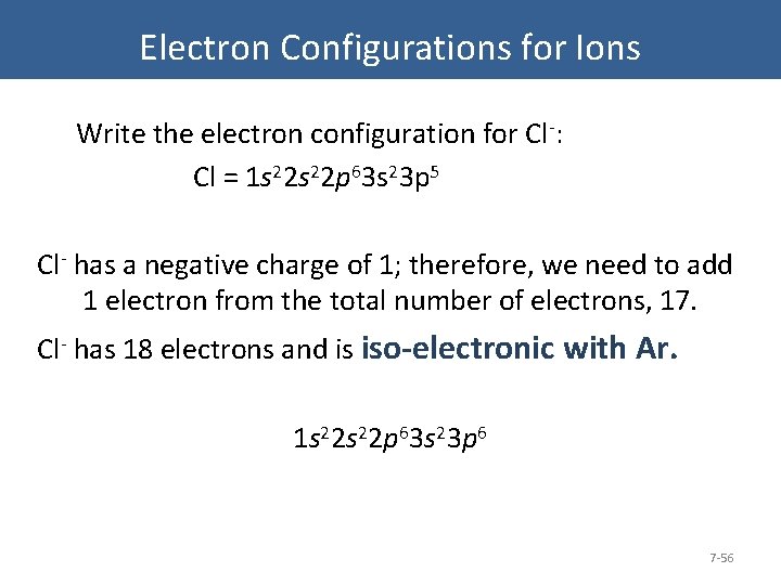 Electron Configurations for Ions Write the electron configuration for Cl-: Cl = 1 s