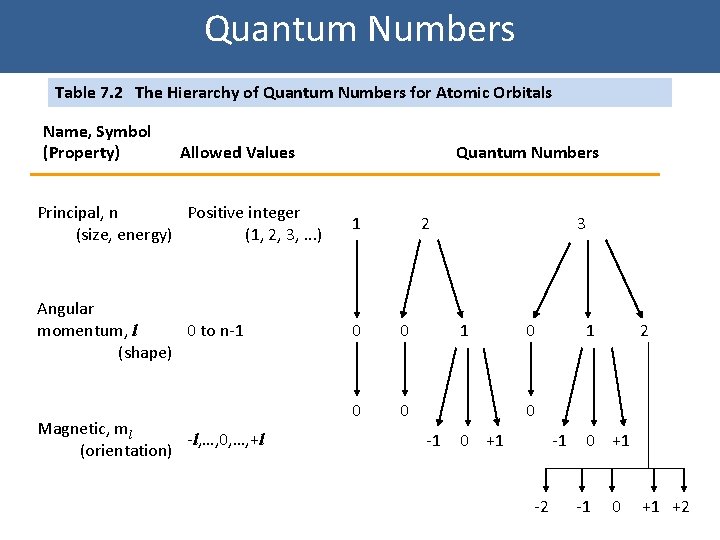 Quantum Numbers Table 7. 2 The Hierarchy of Quantum Numbers for Atomic Orbitals Name,