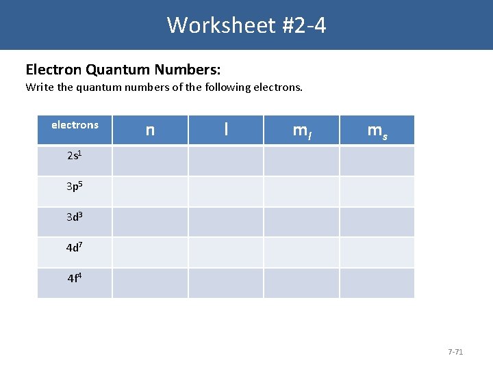 Worksheet #2 -4 Electron Quantum Numbers: Write the quantum numbers of the following electrons