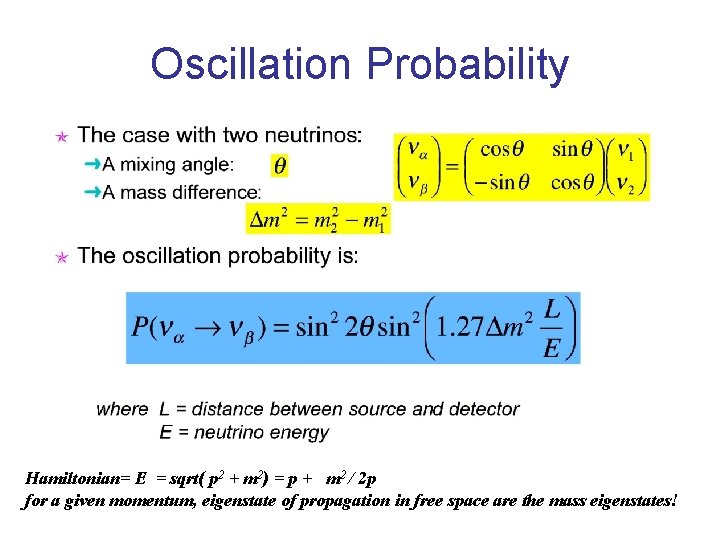 Oscillation Probability Hamiltonian= E = sqrt( p 2 + m 2) = p +