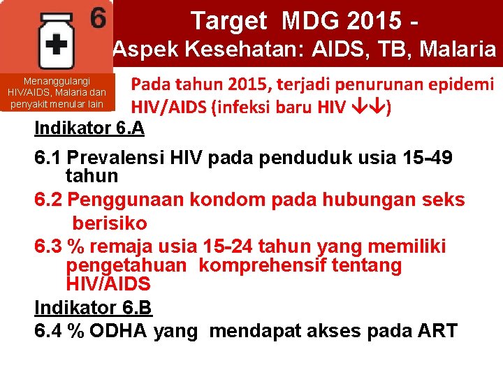 Target MDG 2015 Aspek Kesehatan: AIDS, TB, Malaria Menanggulangi HIV/AIDS, Malaria dan penyakit menular