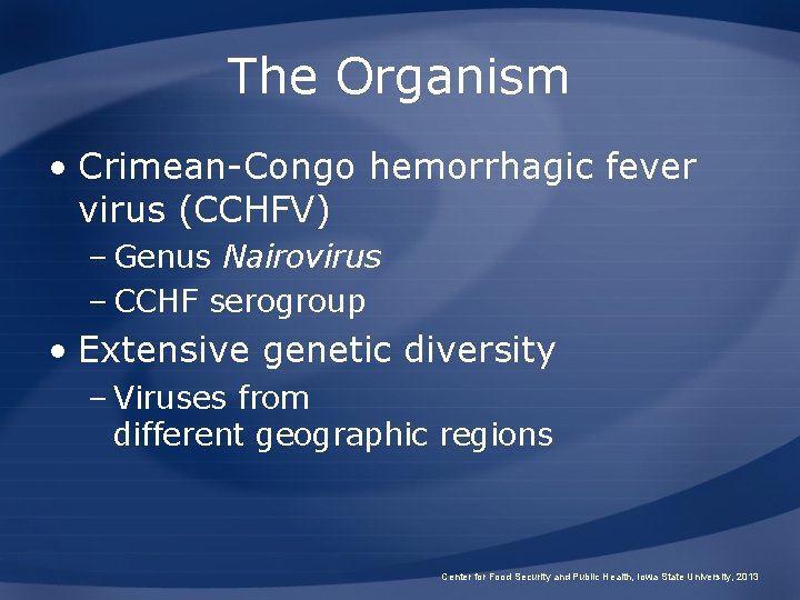 The Organism • Crimean-Congo hemorrhagic fever virus (CCHFV) – Genus Nairovirus – CCHF serogroup