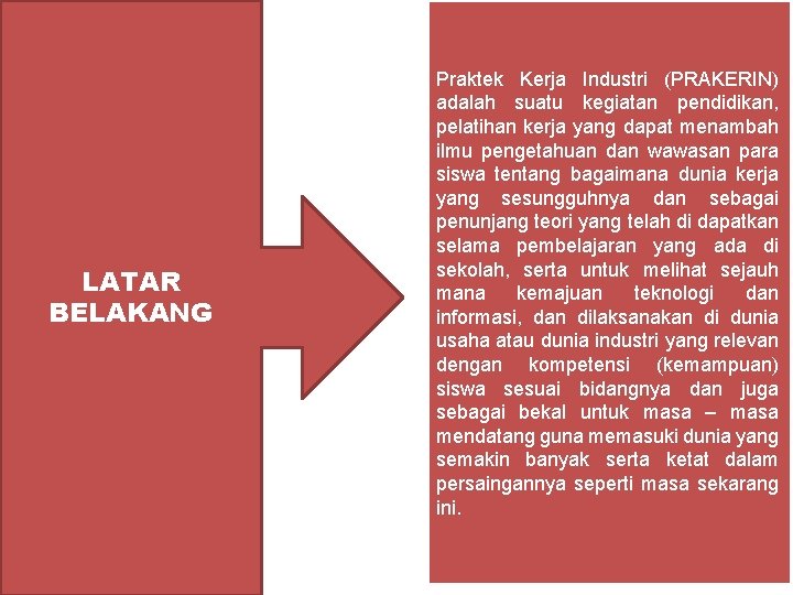 LATAR BELAKANG Praktek Kerja Industri (PRAKERIN) adalah suatu kegiatan pendidikan, pelatihan kerja yang dapat