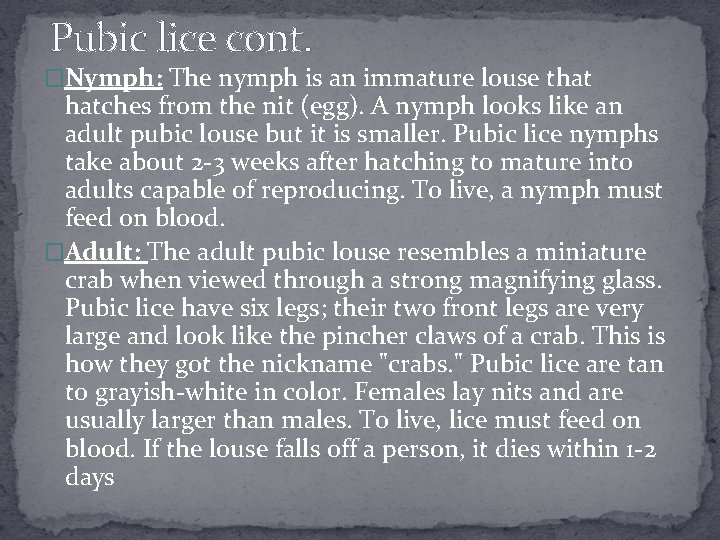 Pubic lice cont. �Nymph: The nymph is an immature louse that hatches from the
